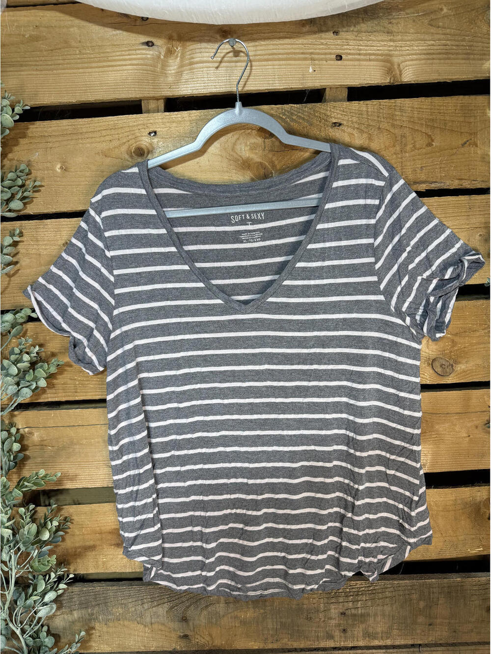 American Eagle Soft & Sexy Gray and White Striped V-Neck T-Shirt